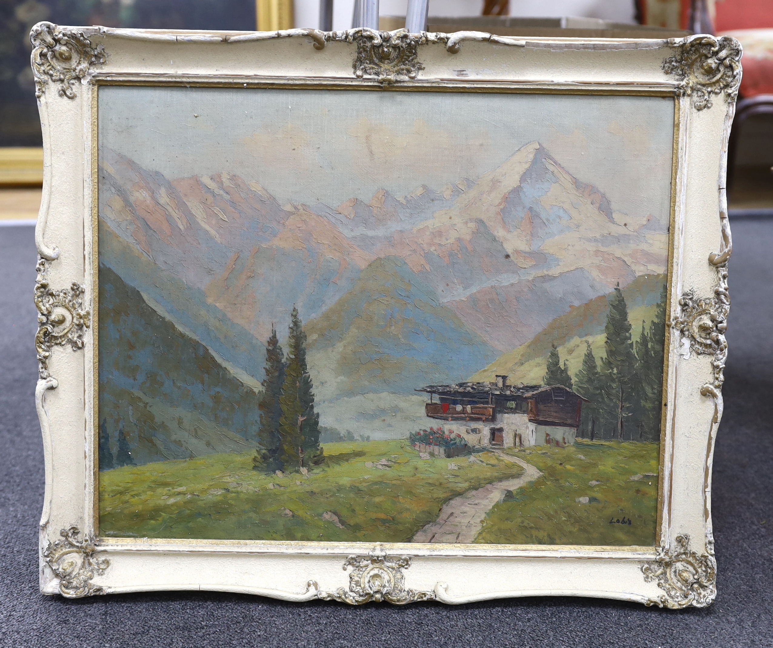 J Lobis (1875-1905) oil on board, Alpine landscape in summer, signed, 40 x 50cm